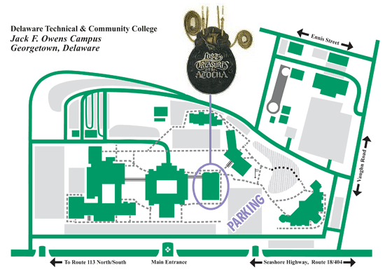 Image of campus map which displays Treasures of the Sea located in the library building.